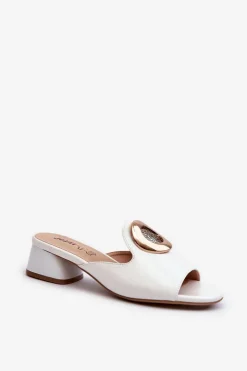 New Boto Eleganckie Lakierowane Klapki Damskie Na Niskim Obcasie Ze Złotą Ozdobą Białe Uzimila