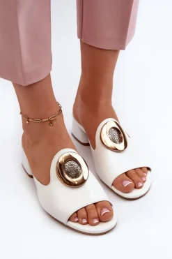 New Boto Eleganckie Lakierowane Klapki Damskie Na Niskim Obcasie Ze Złotą Ozdobą Białe Uzimila