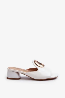 New Boto Eleganckie Lakierowane Klapki Damskie Na Niskim Obcasie Ze Złotą Ozdobą Białe Uzimila