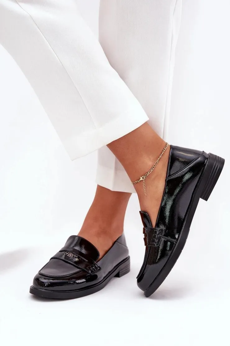 Buty damskie Vinceza Loafersy Damskie|Mokasyny Płaskie*Eleganckie Lakierowane Mokasyny Damskie Z Naturalnej Skóry Vinceza 18100 Czarne Czarny