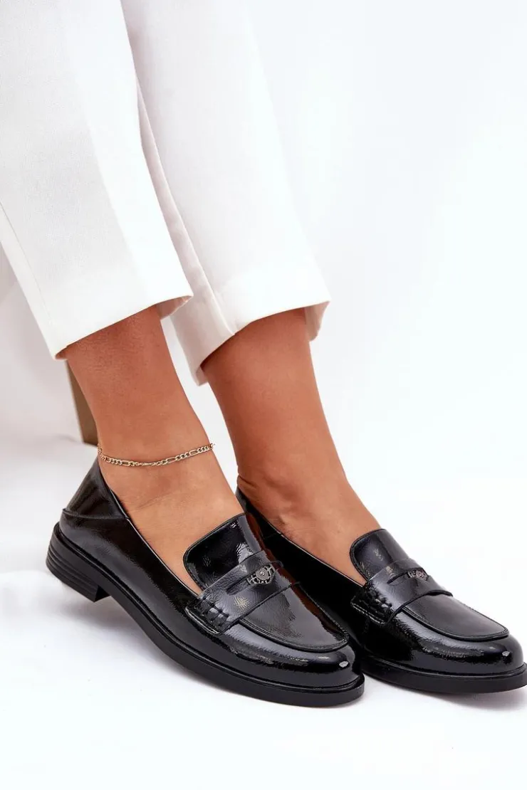 Buty damskie Vinceza Loafersy Damskie|Mokasyny Płaskie*Eleganckie Lakierowane Mokasyny Damskie Z Naturalnej Skóry Vinceza 18100 Czarne Czarny
