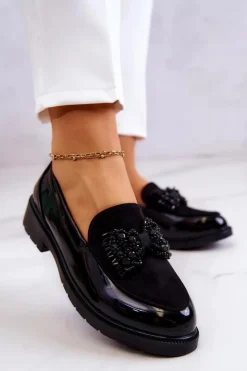 Clearance Damskie buty S.Barski Eleganckie Lakierowane Mokasyny Loafery Czarne S.Barski HY51-318 Belize