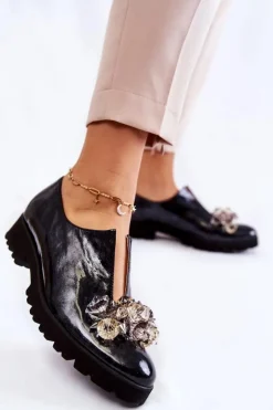 Damskie Boto Eleganckie Lakierowane Półbuty Z Ozdobą Czarno-Szare Cindy