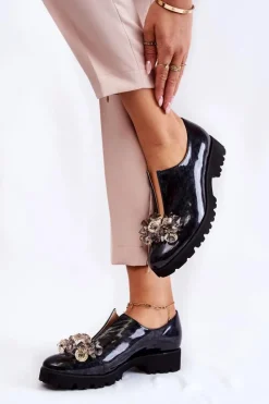 Damskie Boto Eleganckie Lakierowane Półbuty Z Ozdobą Czarno-Szare Cindy