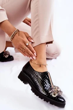 Outlet Boto Eleganckie Lakierowane Półbuty Z Ozdobą Krokodyl Czarne Cindy Czarny