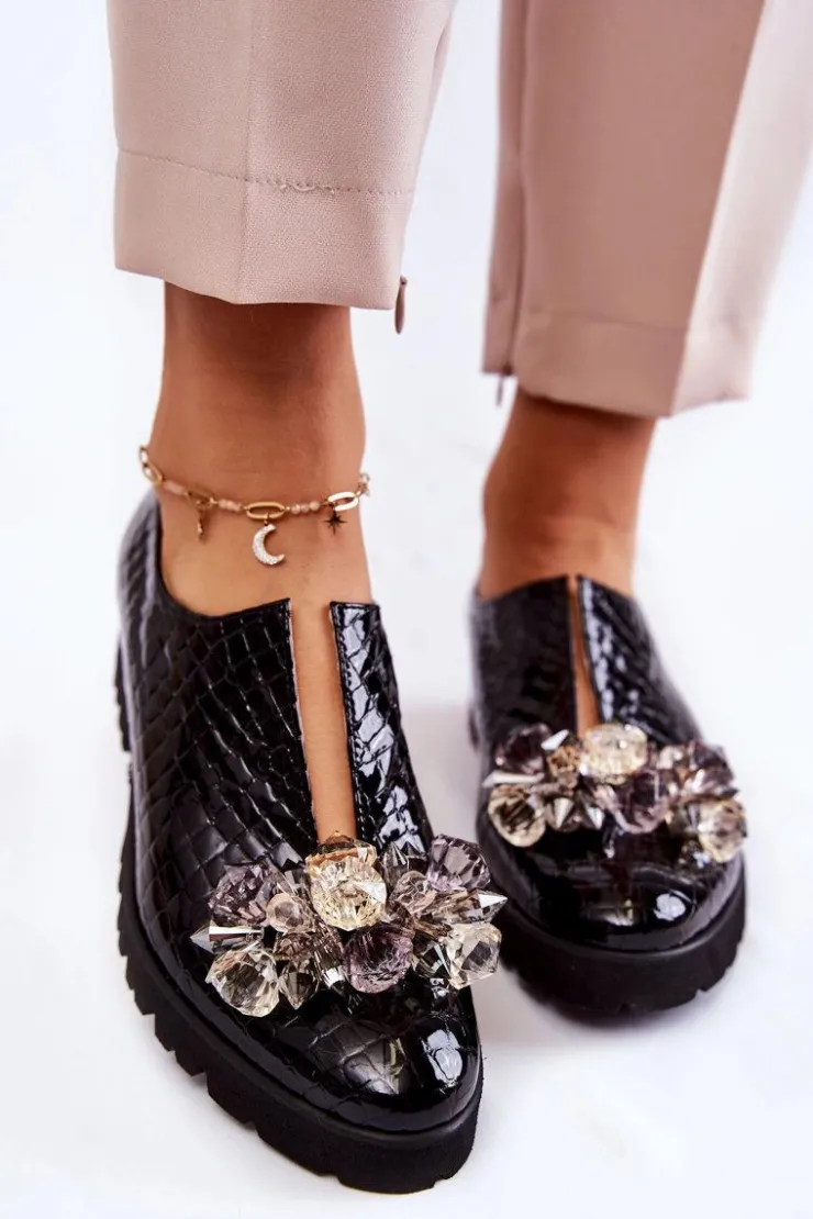 Outlet Boto Eleganckie Lakierowane Półbuty Z Ozdobą Krokodyl Czarne Cindy Czarny