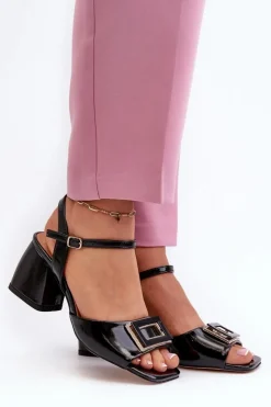 Damskie Damskie buty S.Barski Eleganckie Lakierowane Sandały Na Słupku Z Ozdobą Czarne D&A MR38-202