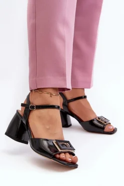 Damskie Damskie buty S.Barski Eleganckie Lakierowane Sandały Na Słupku Z Ozdobą Czarne D&A MR38-202