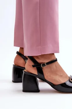 Damskie Damskie buty S.Barski Eleganckie Lakierowane Sandały Na Słupku Z Ozdobą Czarne D&A MR38-202