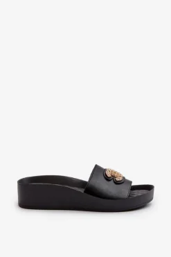 Damskie buty S.Barski Eleganckie Lekkie Klapki Damskie Z Ozdobą Skóra Naturalna S.Barski KV27-013 Czarne