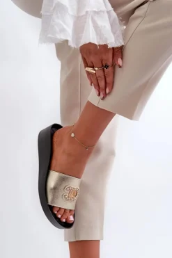 Damskie buty S.Barski Klapki Na Koturnie|Klapki Na Platformie*Eleganckie Lekkie Klapki Damskie Z Ozdobą Skóra Naturalna S.Barski KV27-013 Złote
