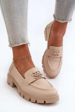 Sale Boto Eleganckie Mokasyny Damskie Ze Złotą Ozdobą Beżowe Tosisa
