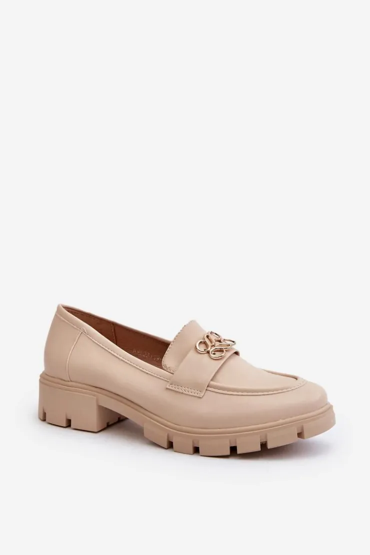 Sale Boto Eleganckie Mokasyny Damskie Ze Złotą Ozdobą Beżowe Tosisa