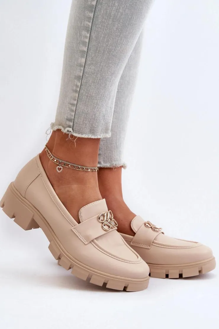 Sale Boto Eleganckie Mokasyny Damskie Ze Złotą Ozdobą Beżowe Tosisa