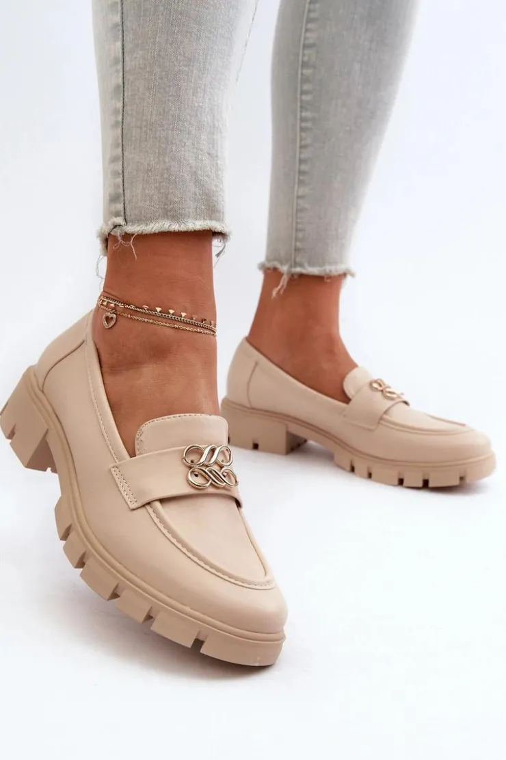 Sale Boto Eleganckie Mokasyny Damskie Ze Złotą Ozdobą Beżowe Tosisa