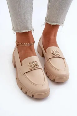 Sale Boto Eleganckie Mokasyny Damskie Ze Złotą Ozdobą Beżowe Tosisa