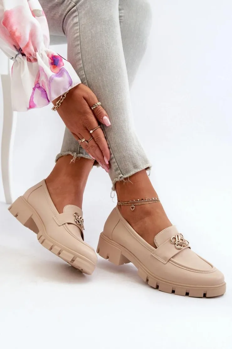 Sale Boto Eleganckie Mokasyny Damskie Ze Złotą Ozdobą Beżowe Tosisa