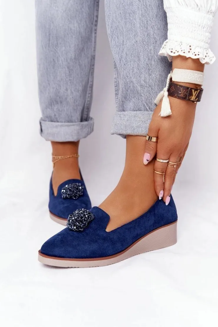 New Buty damskie Vinceza Eleganckie Półbuty Na Koturnie Vinceza 10580 Zamszowe Granatowe