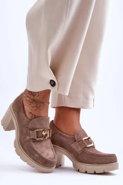 Boto Półbuty Skórzane*Eleganckie Półbuty Na Słupku Ze Złotą Ozdobą Beżowe Lemar Harmell Beżowy