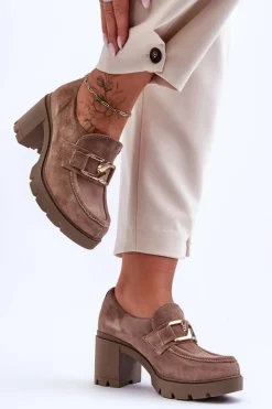 Boto Półbuty Skórzane*Eleganckie Półbuty Na Słupku Ze Złotą Ozdobą Ciemnobeżowe Lemar Harmell