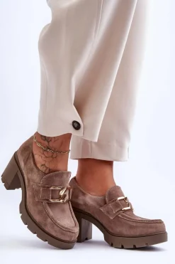 Boto Półbuty Skórzane*Eleganckie Półbuty Na Słupku Ze Złotą Ozdobą Ciemnobeżowe Lemar Harmell