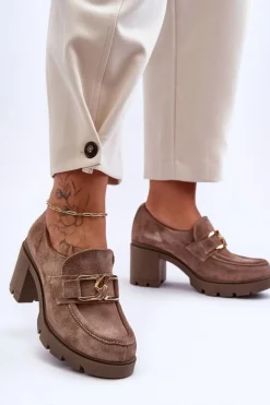 Boto Półbuty Skórzane*Eleganckie Półbuty Na Słupku Ze Złotą Ozdobą Ciemnobeżowe Lemar Harmell