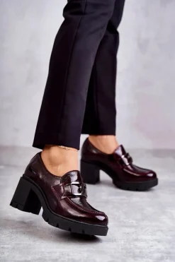 Boto Eleganckie Półbuty Na Słupku Ze Srebrną Ozdobą Bordowe Harmell