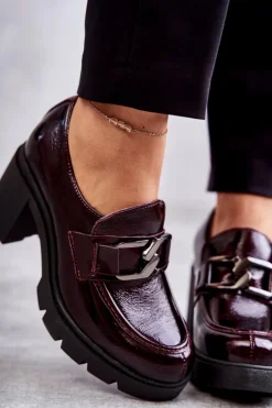 Boto Eleganckie Półbuty Na Słupku Ze Srebrną Ozdobą Bordowe Harmell