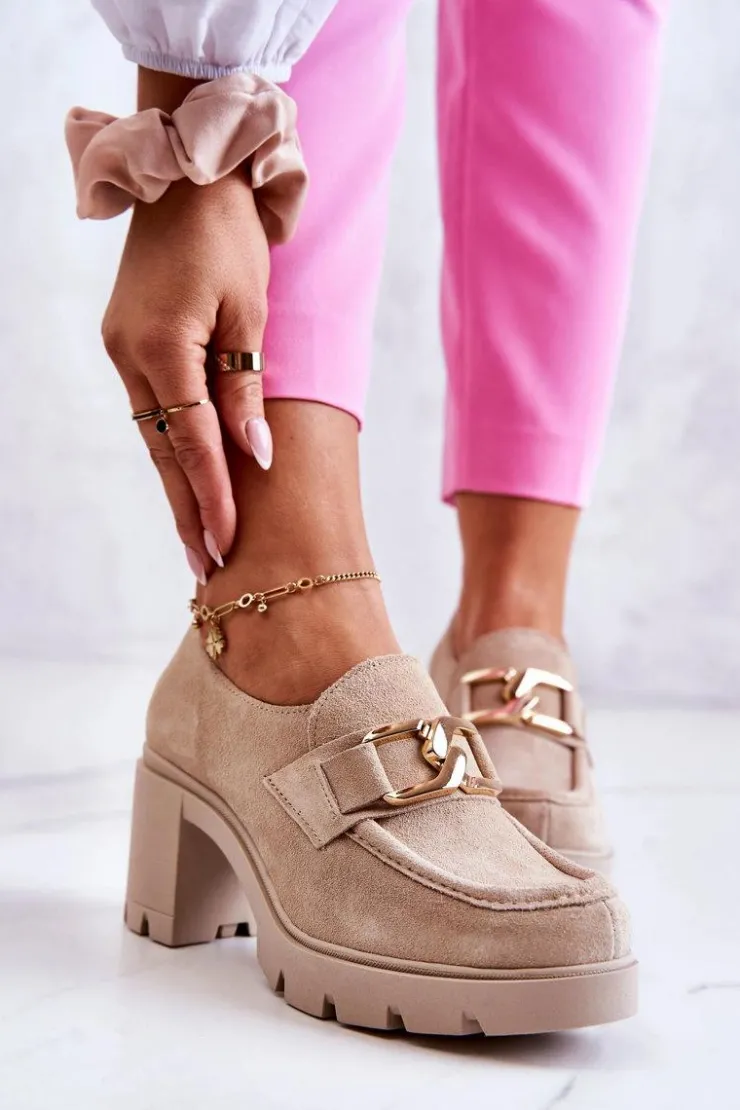 Damskie Boto Eleganckie Półbuty Na Słupku Ze Złotą Ozdobą Jasnobeżowe Lemar Harmell