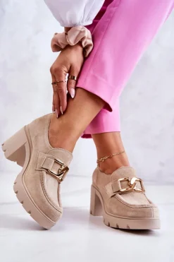 Damskie Boto Eleganckie Półbuty Na Słupku Ze Złotą Ozdobą Jasnobeżowe Lemar Harmell