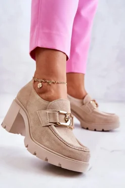 Damskie Boto Eleganckie Półbuty Na Słupku Ze Złotą Ozdobą Jasnobeżowe Lemar Harmell