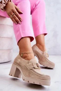 Damskie Boto Eleganckie Półbuty Na Słupku Ze Złotą Ozdobą Jasnobeżowe Lemar Harmell