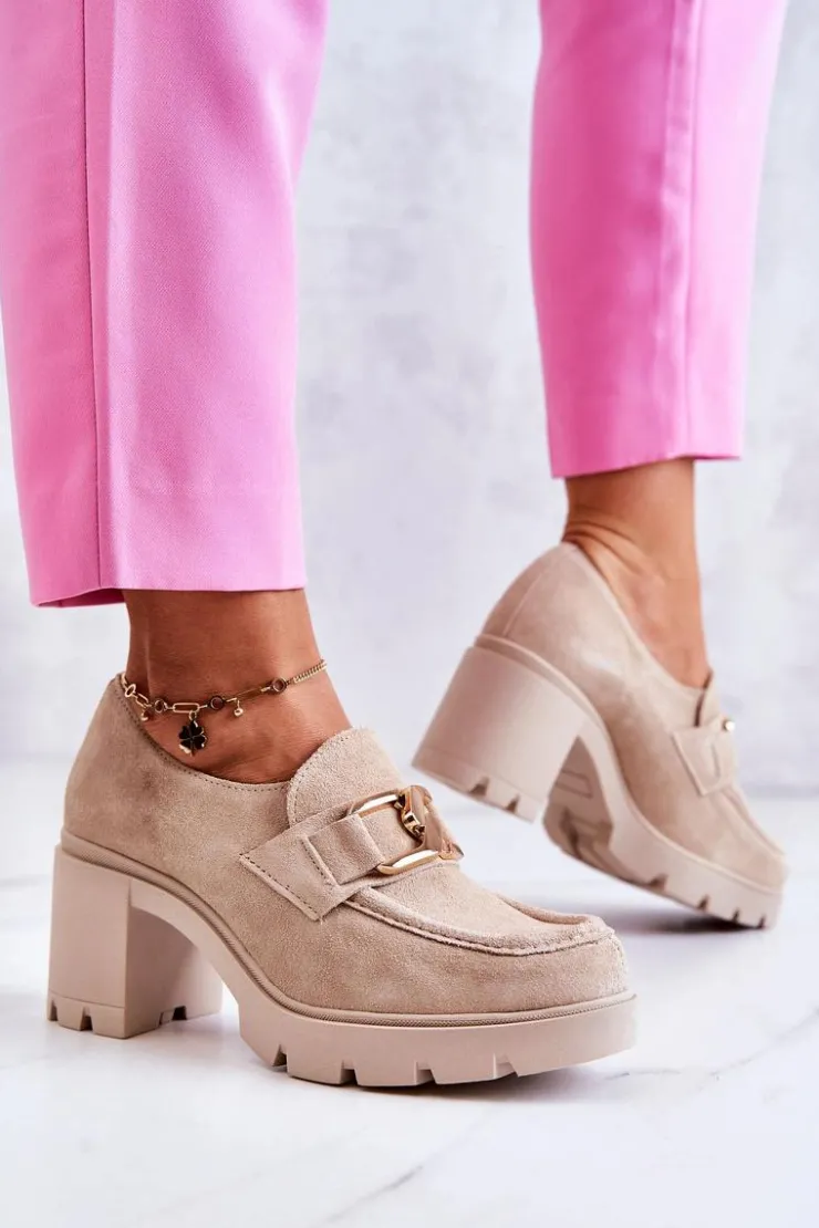 Damskie Boto Eleganckie Półbuty Na Słupku Ze Złotą Ozdobą Jasnobeżowe Lemar Harmell