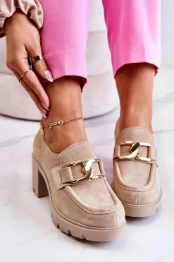 Damskie Boto Eleganckie Półbuty Na Słupku Ze Złotą Ozdobą Jasnobeżowe Lemar Harmell