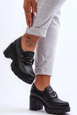 Boto Półbuty Skórzane*Eleganckie Półbuty Na Słupku Z Ozdobą Czarne Lemar Harmell