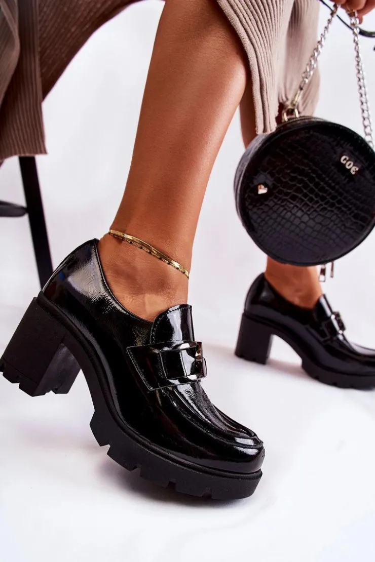 Boto Półbuty Skórzane*Eleganckie Półbuty Na Słupku Ze Srebrną Ozdobą Czarne Lemar Harmell Czarny