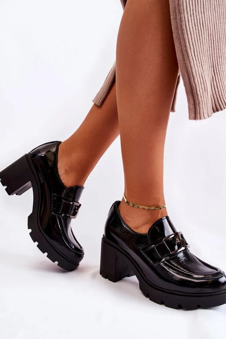 Boto Półbuty Skórzane*Eleganckie Półbuty Na Słupku Ze Srebrną Ozdobą Czarne Lemar Harmell Czarny