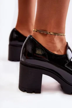 Boto Półbuty Skórzane*Eleganckie Półbuty Na Słupku Ze Srebrną Ozdobą Czarne Lemar Harmell Czarny