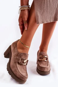 Damskie Boto Eleganckie Półbuty Na Słupku Ze Złotą Ozdobą Ciemnobeżowe Lemar Harmell