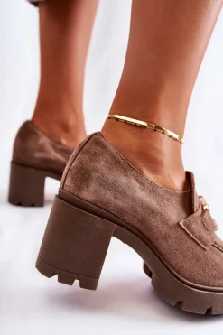 Damskie Boto Eleganckie Półbuty Na Słupku Ze Złotą Ozdobą Ciemnobeżowe Lemar Harmell