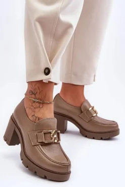 Boto Półbuty Skórzane*Eleganckie Półbuty Na Słupku Z Ozdobą Ciemnobeżowe Lemar Harmell Beżowy