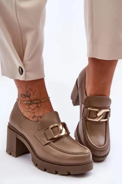 Boto Półbuty Skórzane*Eleganckie Półbuty Na Słupku Z Ozdobą Ciemnobeżowe Lemar Harmell Beżowy