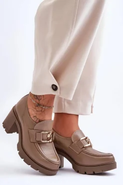 Boto Półbuty Skórzane*Eleganckie Półbuty Na Słupku Z Ozdobą Ciemnobeżowe Lemar Harmell Beżowy