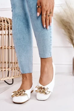 Damskie Boto Eleganckie Pikowane Baleriny Z Łańcuchem Białe Coco