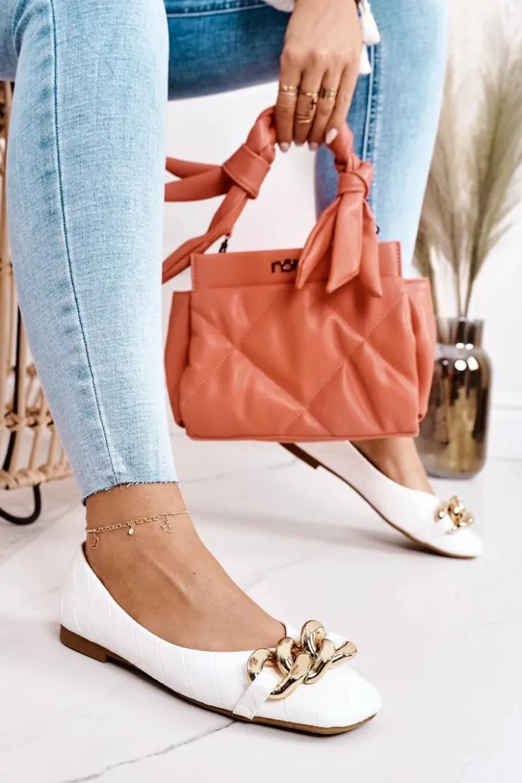 Damskie Boto Eleganckie Pikowane Baleriny Z Łańcuchem Białe Coco