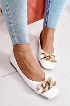 Damskie Boto Eleganckie Pikowane Baleriny Z Łańcuchem Białe Coco