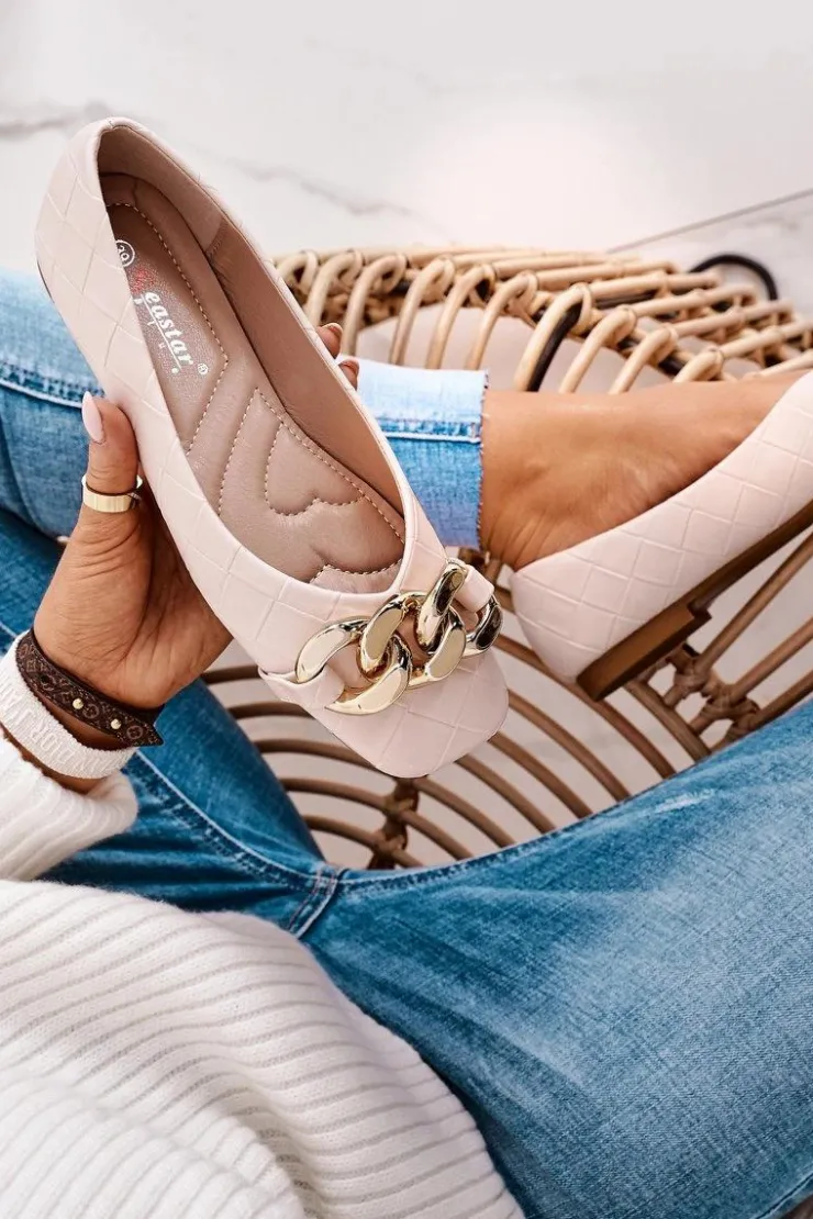 Damskie Boto Eleganckie Pikowane Baleriny Z Łańcuchem Beżowe Coco