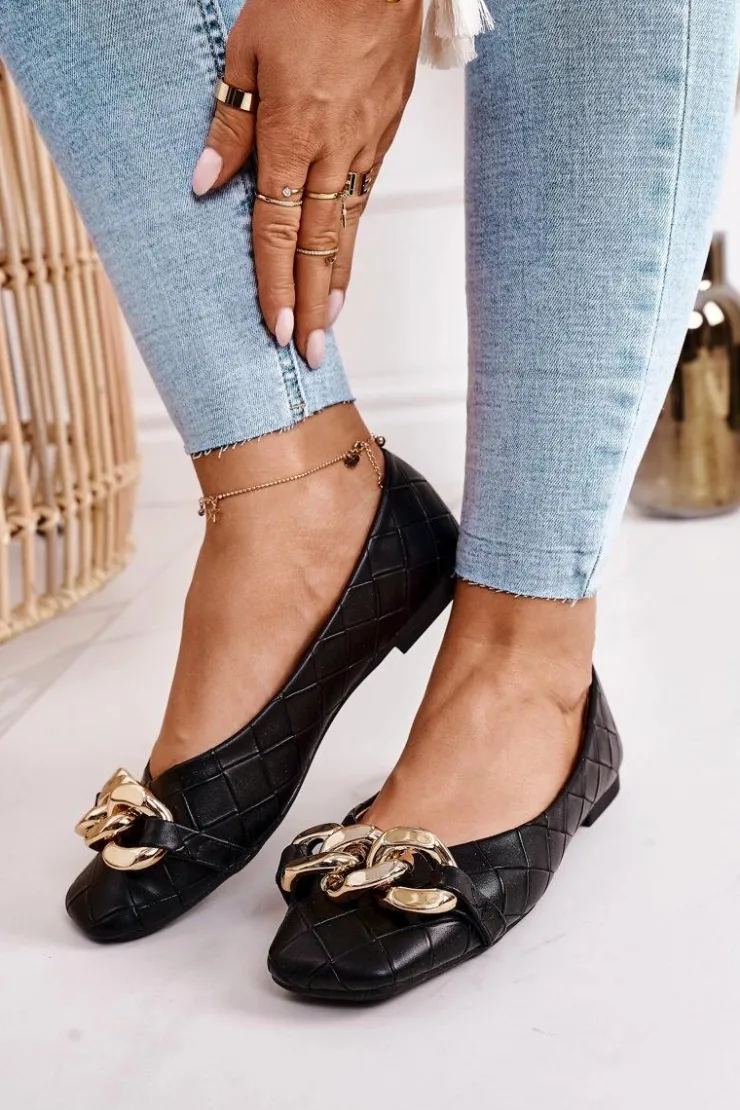 Damskie Boto Eleganckie Pikowane Baleriny Z Łańcuchem Czarne Coco