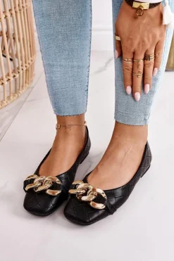 Damskie Boto Eleganckie Pikowane Baleriny Z Łańcuchem Czarne Coco