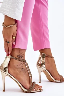 Hot Damskie buty S.Barski Eleganckie Sandałki Na Szpilce Z Dżetami Złote Jenesis